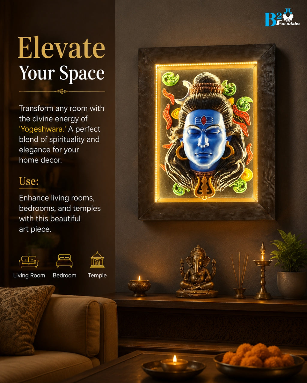 YOGESHWARA Mahadev 3D Embossed Wall Art | Lord Shiva Blue Face Sculpture Wall Hanging with Wooden Frame – Home & Temple Decor
