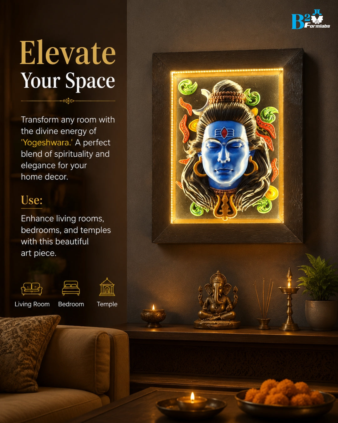 YOGESHWARA Mahadev 3D Embossed Wall Art | Lord Shiva Blue Face Sculpture Wall Hanging with Wooden Frame – Home & Temple Decor