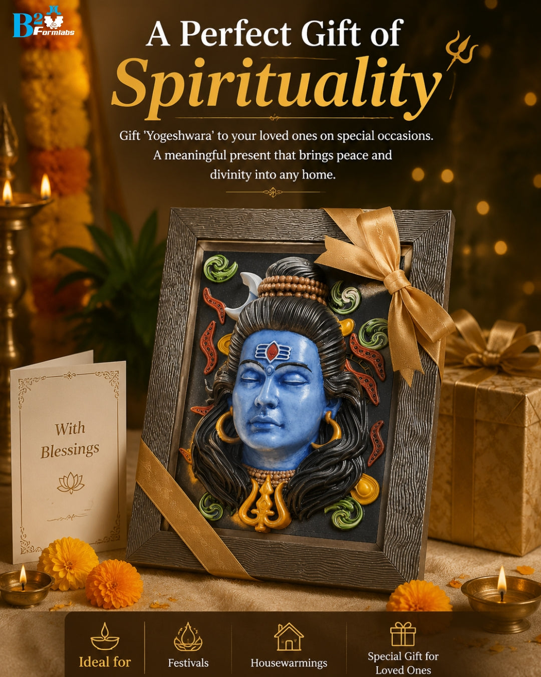 YOGESHWARA Mahadev 3D Embossed Wall Art | Lord Shiva Blue Face Sculpture Wall Hanging with Wooden Frame – Home & Temple Decor