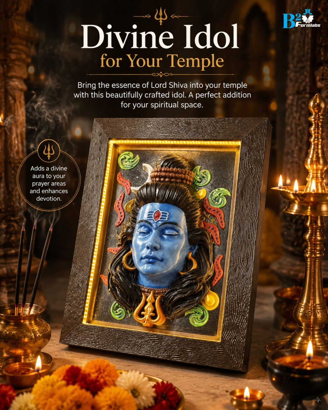 YOGESHWARA Mahadev 3D Embossed Wall Art | Lord Shiva Blue Face Sculpture Wall Hanging with Wooden Frame – Home & Temple Decor
