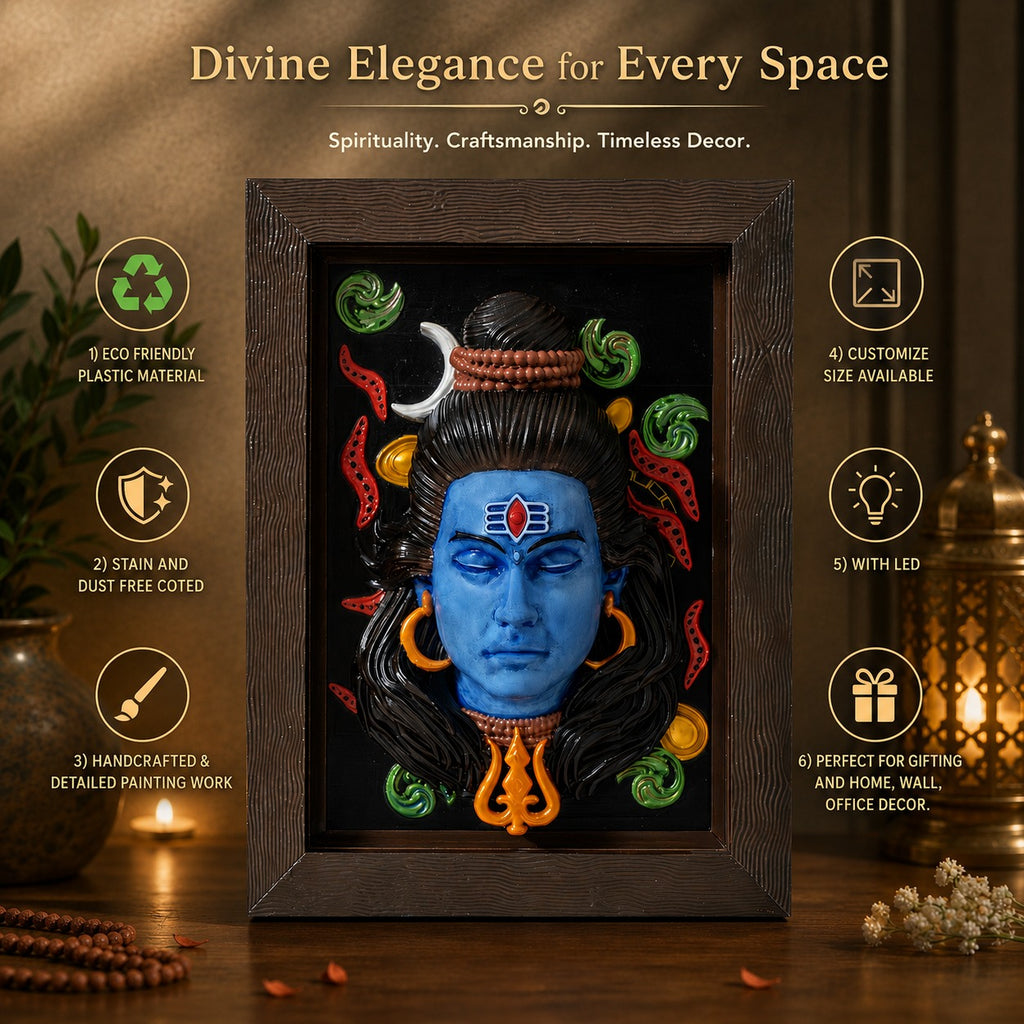 YOGESHWARA Mahadev 3D Embossed Wall Art | Lord Shiva Blue Face Sculpture Wall Hanging with Wooden Frame – Home & Temple Decor