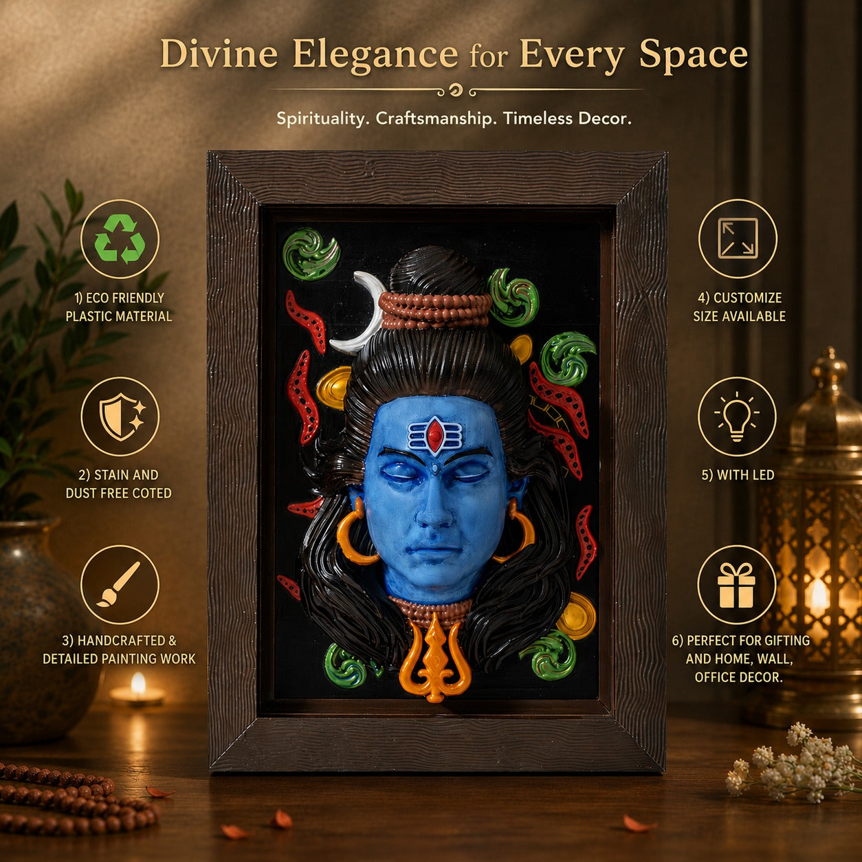 YOGESHWARA Mahadev 3D Embossed Wall Art | Lord Shiva Blue Face Sculpture Wall Hanging with Wooden Frame – Home & Temple Decor