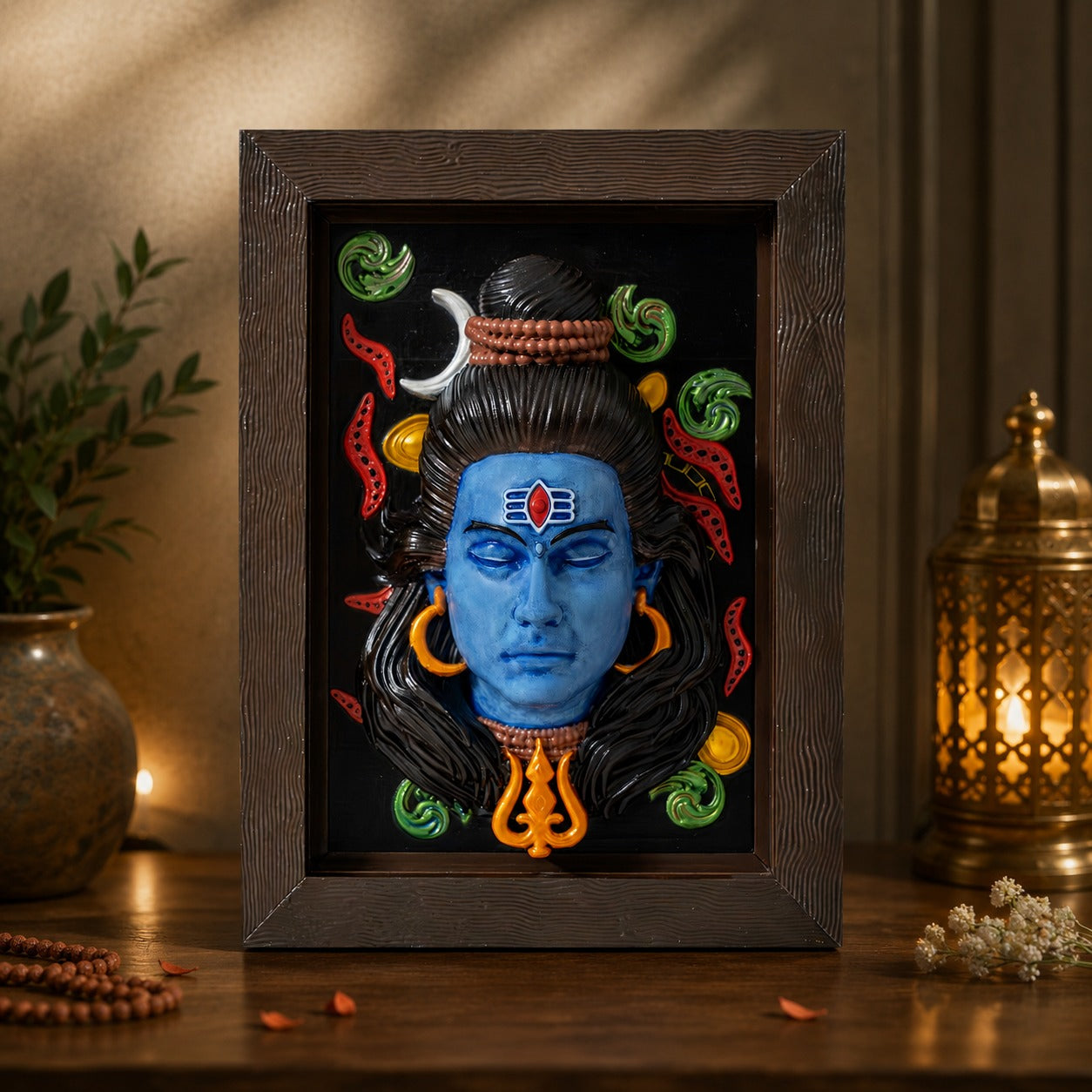 YOGESHWARA Mahadev 3D Embossed Wall Art | Lord Shiva Blue Face Sculpture Wall Hanging with Wooden Frame – Home & Temple Decor