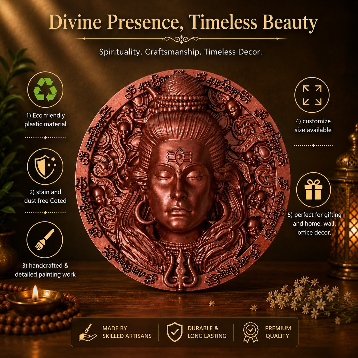 Mahadev Copper Finish Round Wall Art | Lord Shiva 3D Embossed Circular Sculpture with Om Namah Shivaya Border – Antique Wall Decor