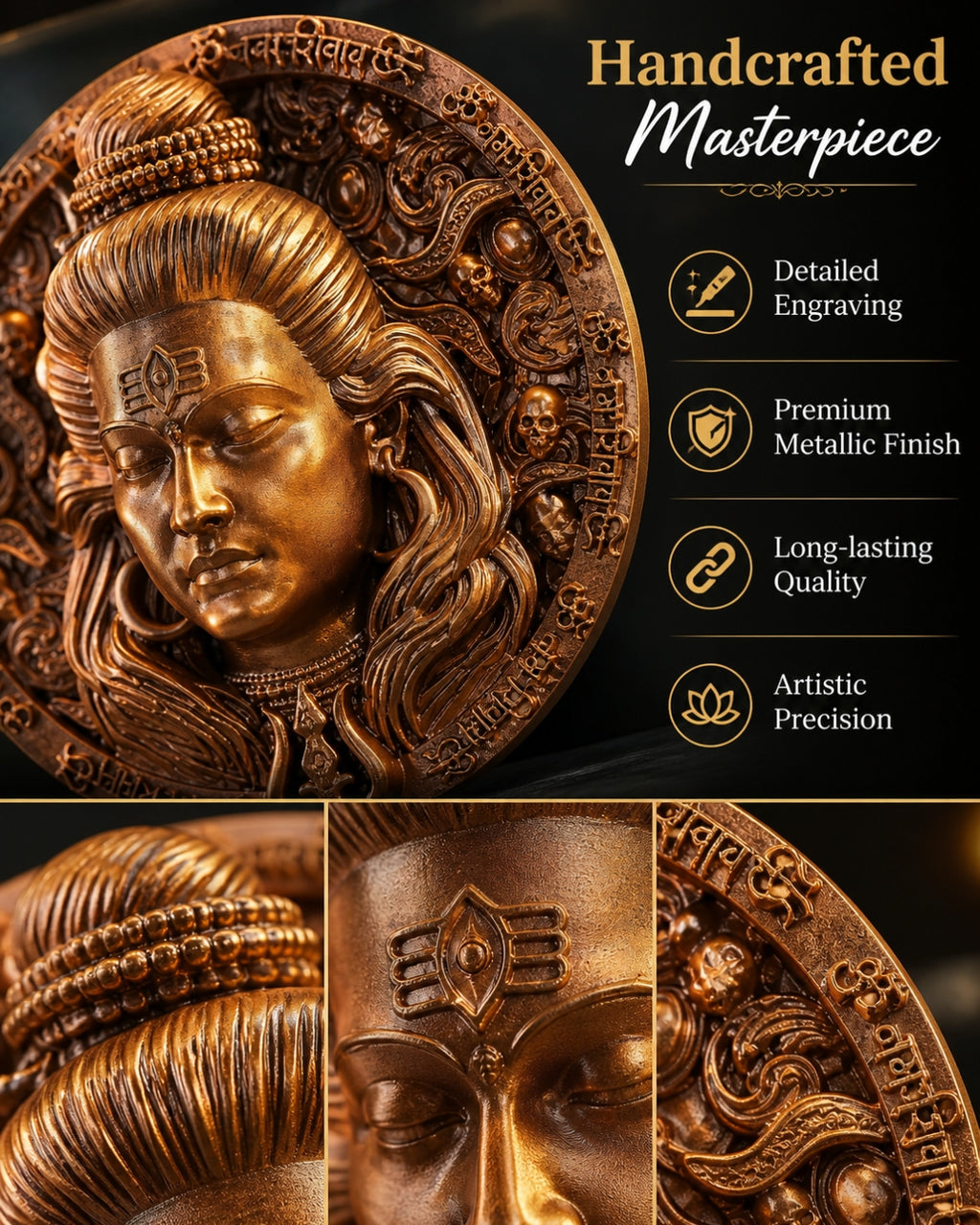 Mahadev Copper Finish Round Wall Art | Lord Shiva 3D Embossed Circular Sculpture with Om Namah Shivaya Border – Antique Wall Decor