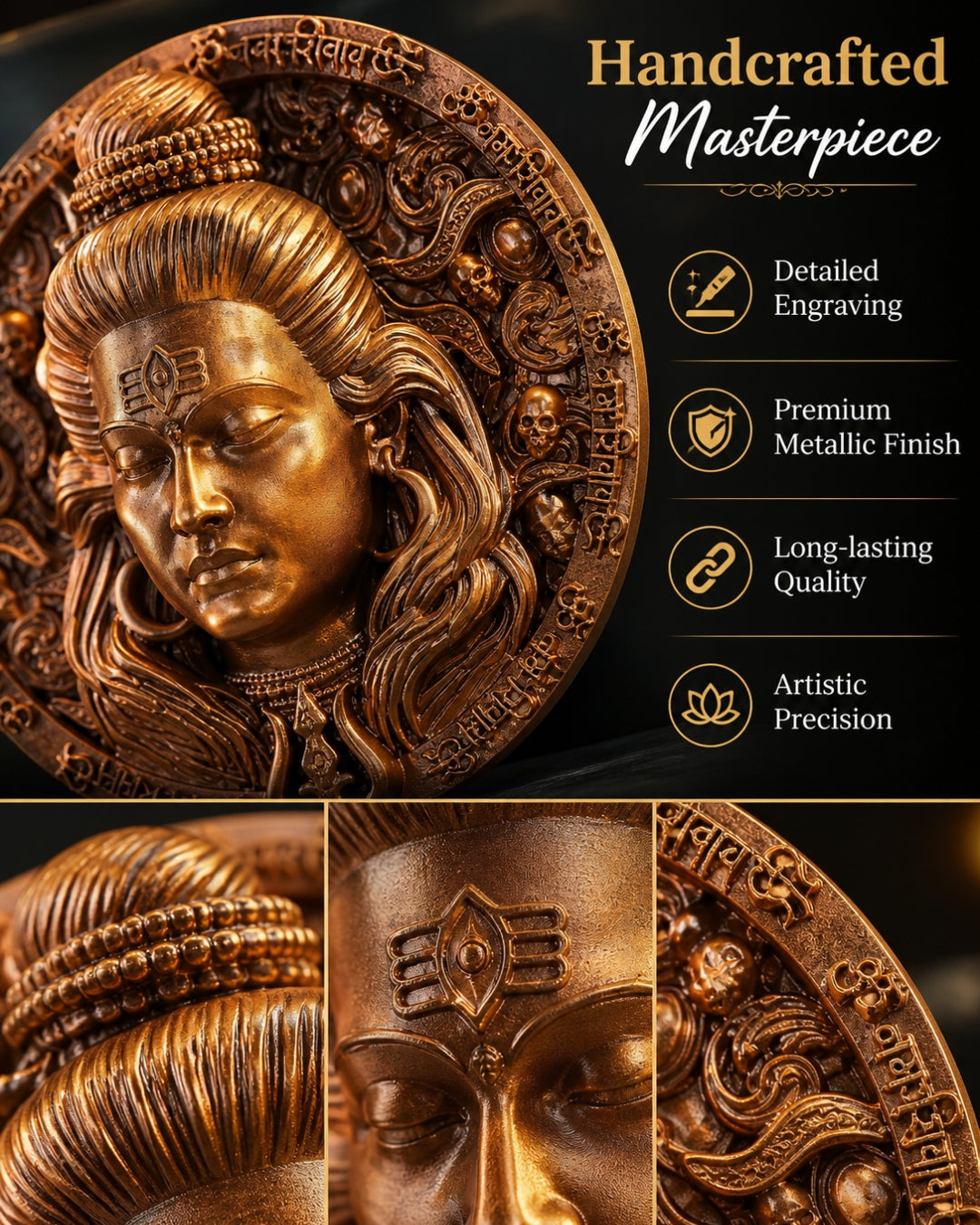 Mahadev Copper Finish Round Wall Art | Lord Shiva 3D Embossed Circular Sculpture with Om Namah Shivaya Border – Antique Wall Decor