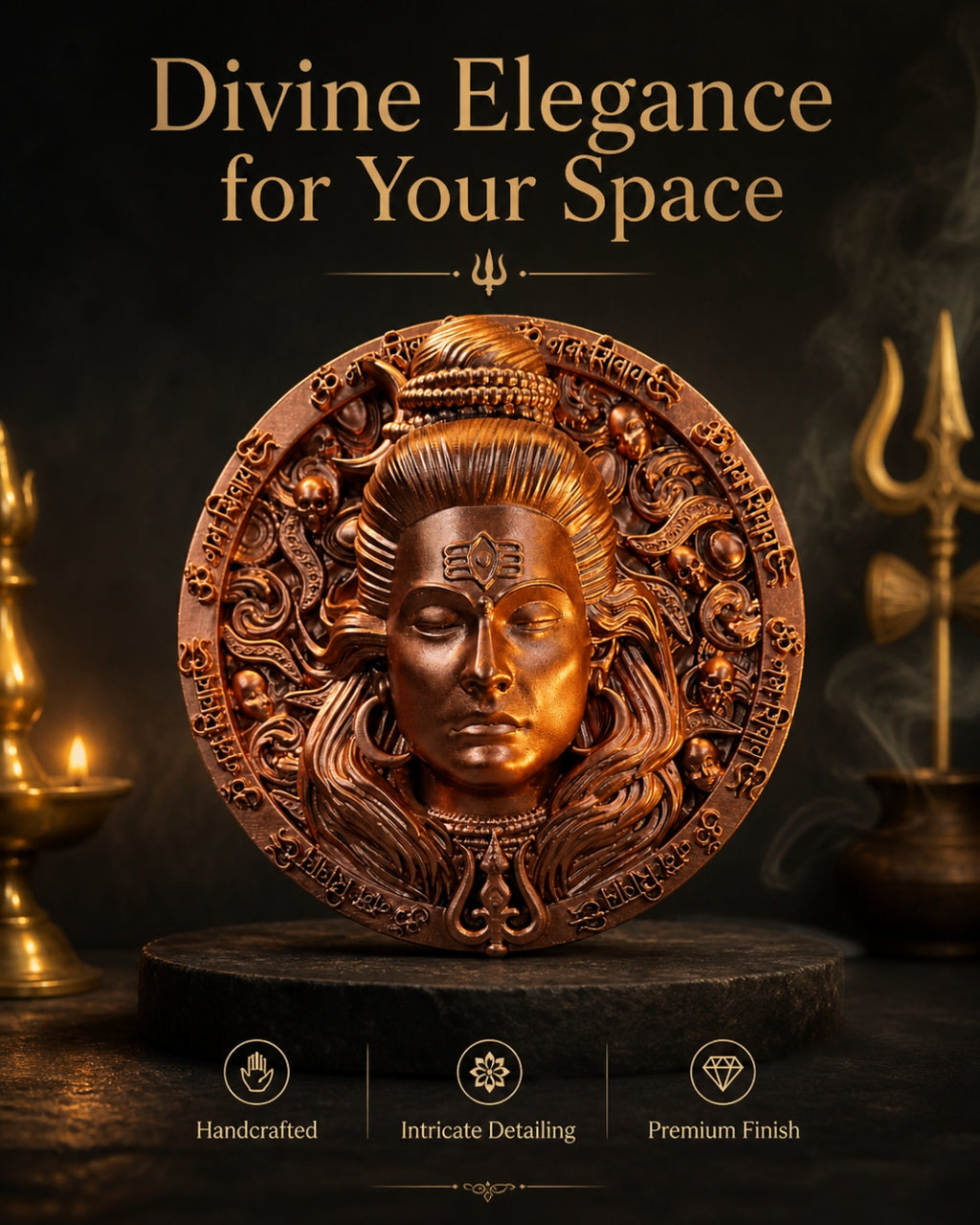 Mahadev Copper Finish Round Wall Art | Lord Shiva 3D Embossed Circular Sculpture with Om Namah Shivaya Border – Antique Wall Decor