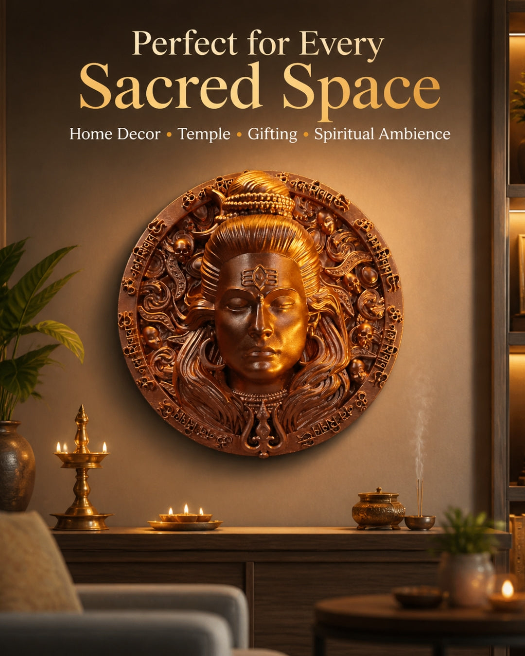 Mahadev Copper Finish Round Wall Art | Lord Shiva 3D Embossed Circular Sculpture with Om Namah Shivaya Border – Antique Wall Decor