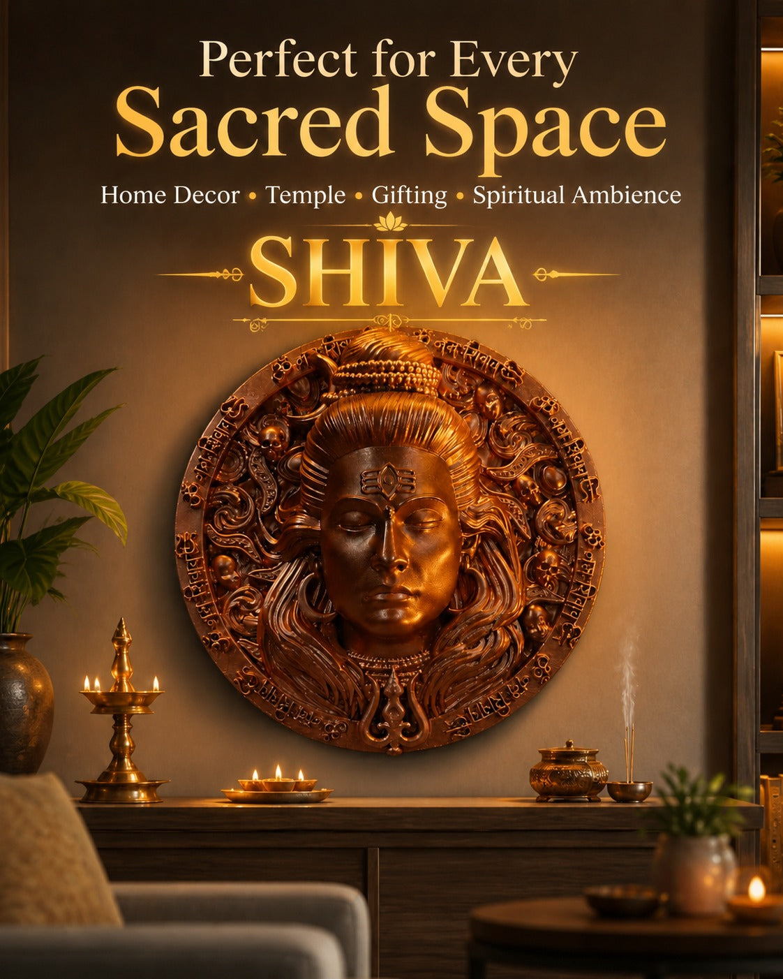 Mahadev Copper Finish Round Wall Art | Lord Shiva 3D Embossed Circular Sculpture with Om Namah Shivaya Border – Antique Wall Decor